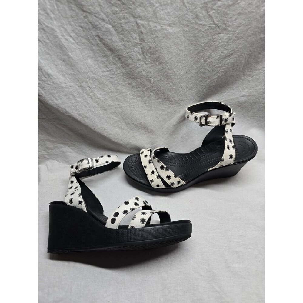 Crocs Leigh Ankle strap Wedge heel Polka Dot Sandal Black And White Size 9